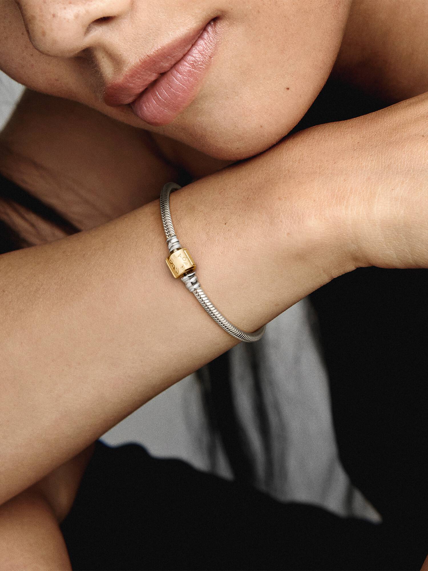 Pandora Moments 14k Gold Two-tone Barrel Clasp Snake Chain Bracelet
