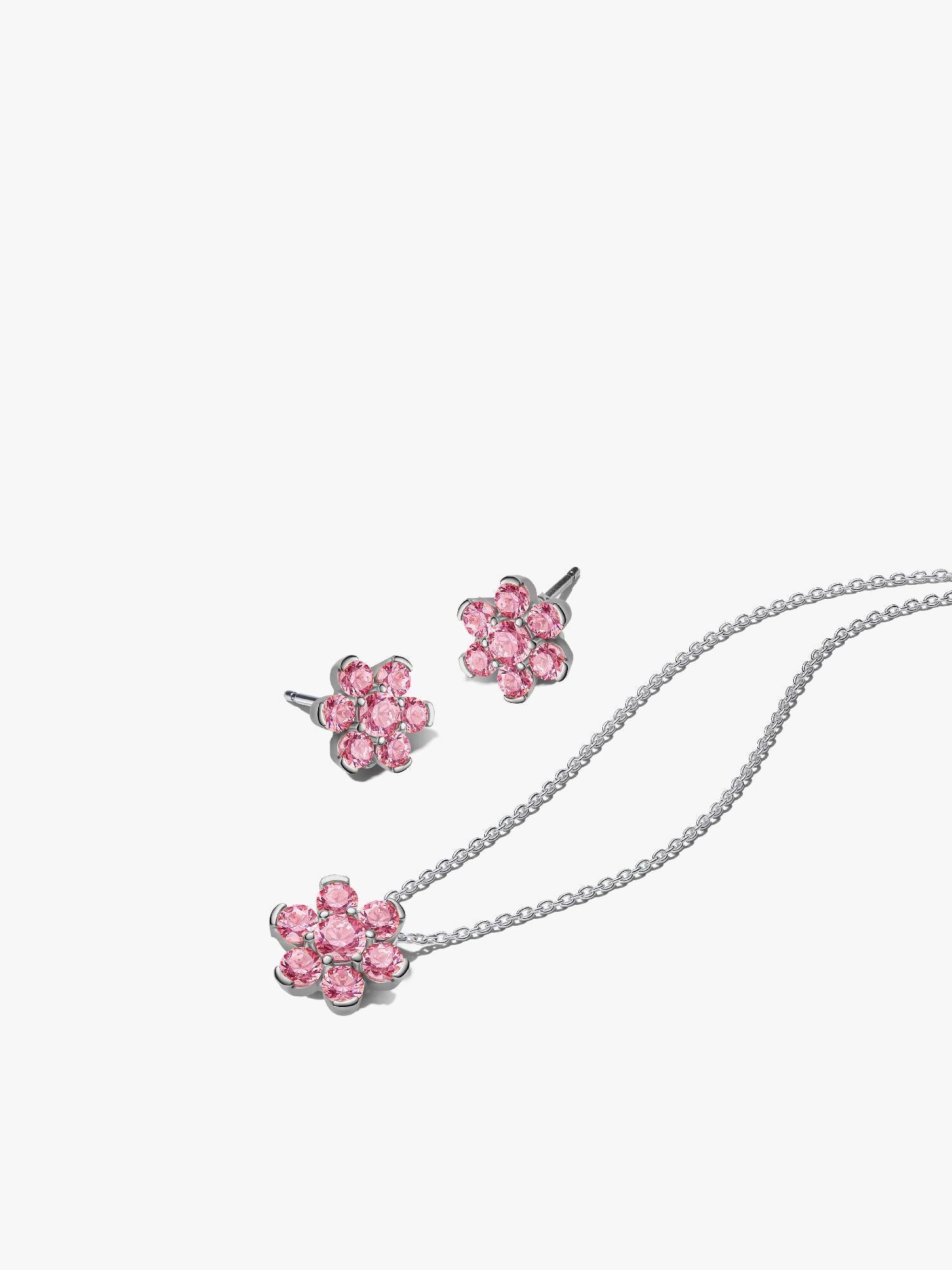 Silver Sparkling Pink Flower Necklace & Earrings Set