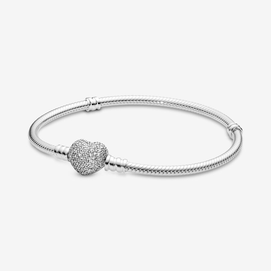 Pandora Moments Sparkling Heart Pavé Clasp Snake Chain Bracelet image number 0