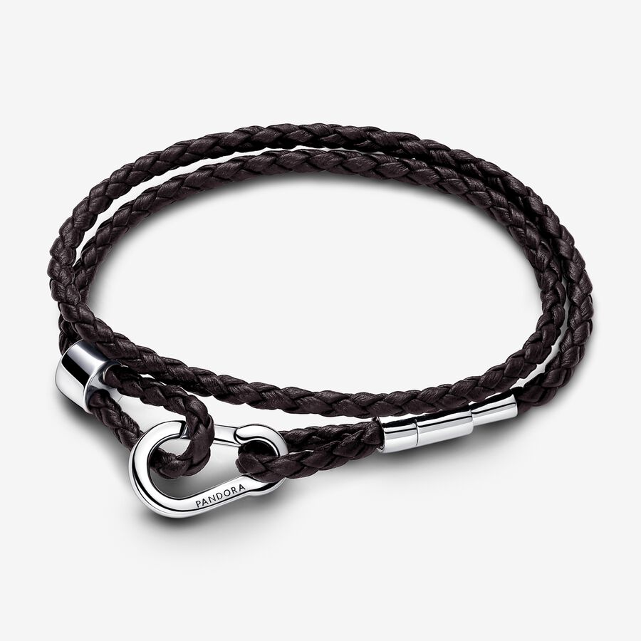 Pandora Moments Brown Braided Double Leather Bracelet image number 0