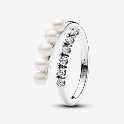 Treated Freshwater Cultured Pearls & Pavé Open Ring