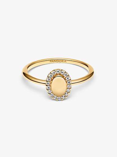 Engravable 14k gold-plated ring with clear cubic zirconia
