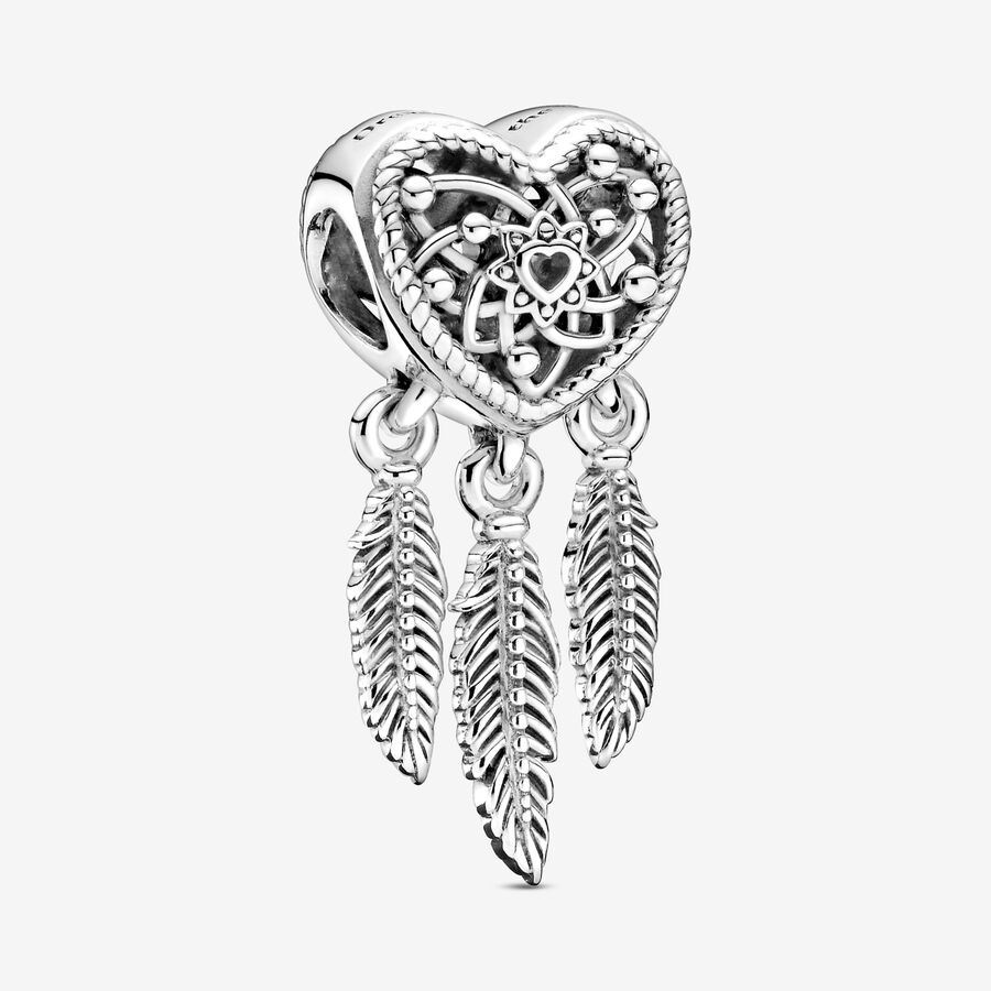 Openwork Heart & Three Feathers Dreamcatcher Charm image number 0