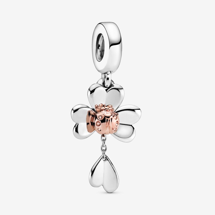 Clover and ladybird 14k rose gold-plated and silver dangle image number 0