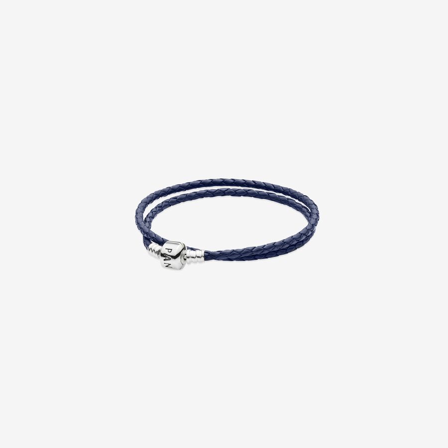 Silver leather bracelet, double dark blue image number 0