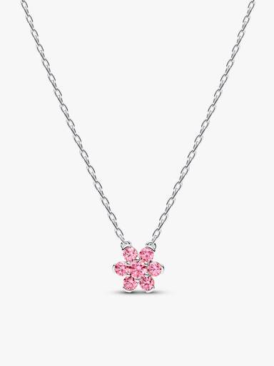 Silver Sparkling Pink Flower Necklace & Earrings Set