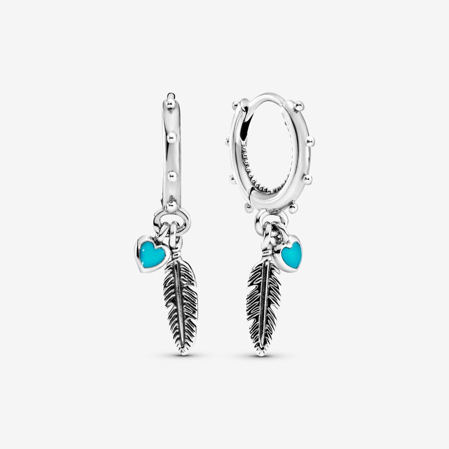 Turquoise Hearts & Feather Hoop Earrings image number 0