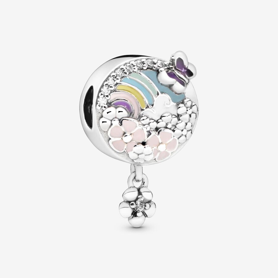 Flower and rainbow silver charm with pink, white, purple, green, blue and yellow enamel image number 0