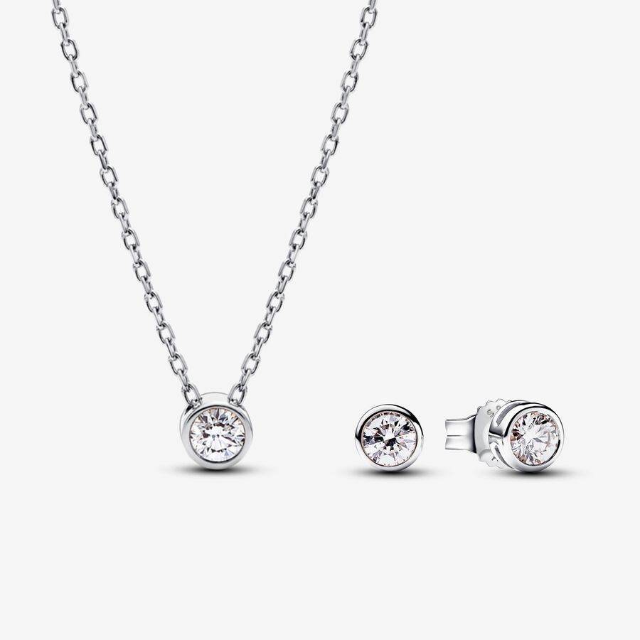 Pandora Era Bezel Sterling Silver Lab grown Diamond Pendant Necklace and Earrings set image number 0