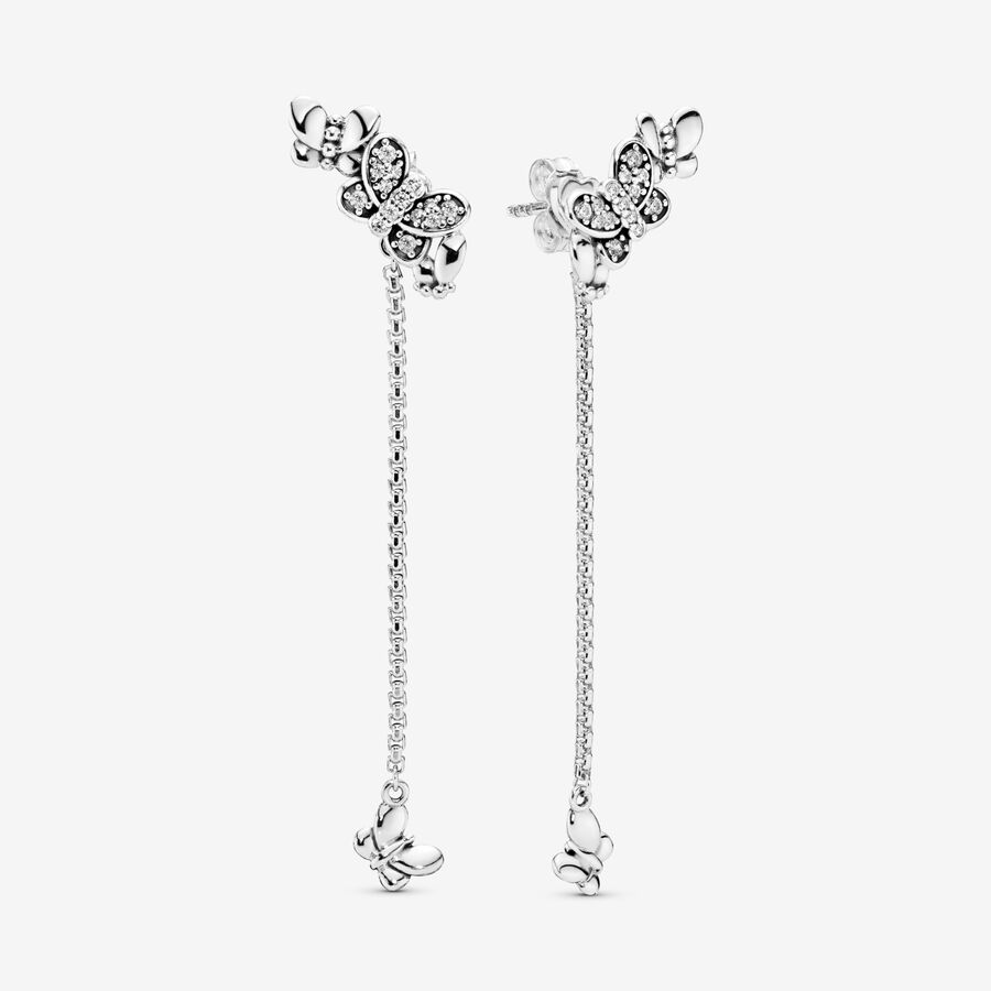 Butterflies silver stud earrings with clear cubic zirconia and detachable chain earring jackets image number 0