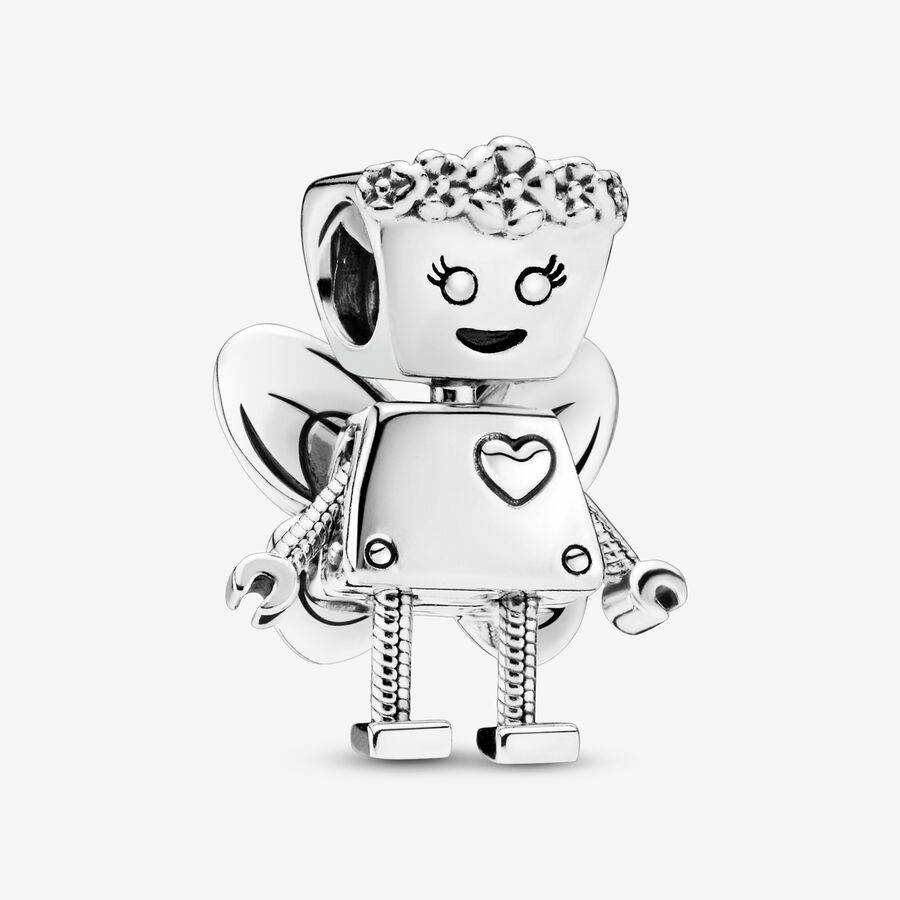Robot girl with flowers and wings silver charm image number 0