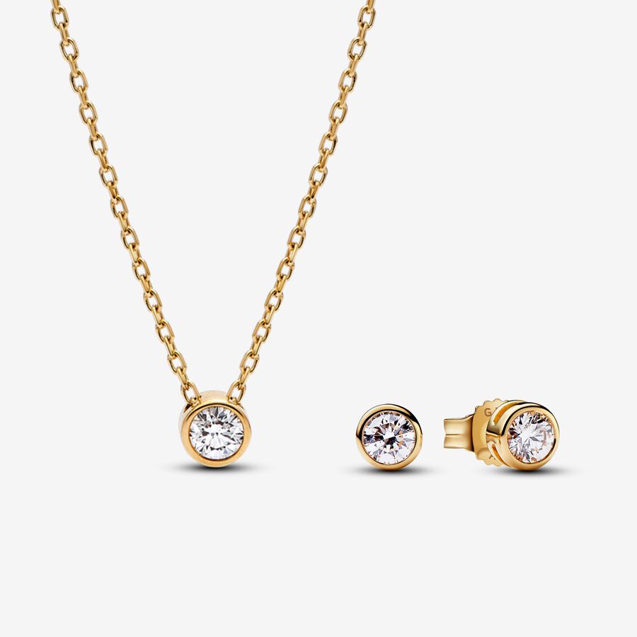 Pandora Era Bezel 14k Gold Lab grown Diamond Pendant Necklace and Earrings set image number 0