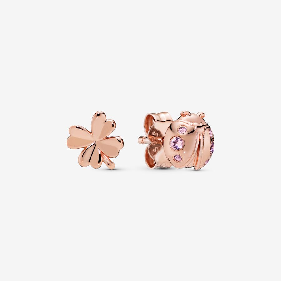 Ladybird and clover 14k rose gold-plated stud earrings with orchid pink and rose pink crystal image number 0