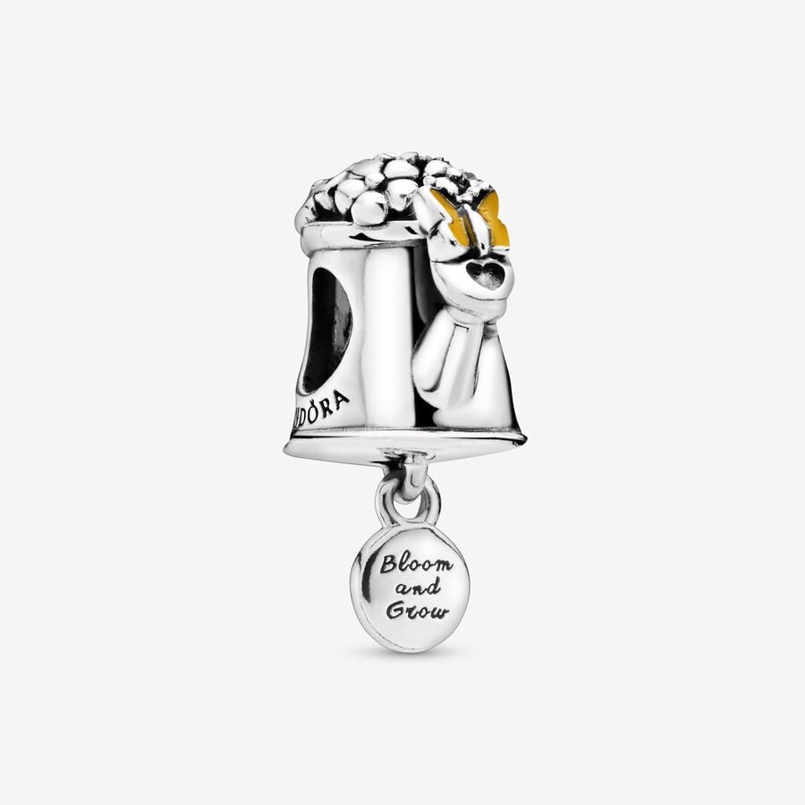 Watering can silver charm with pink, yellow enamel and clear cubic zirconia image number 0