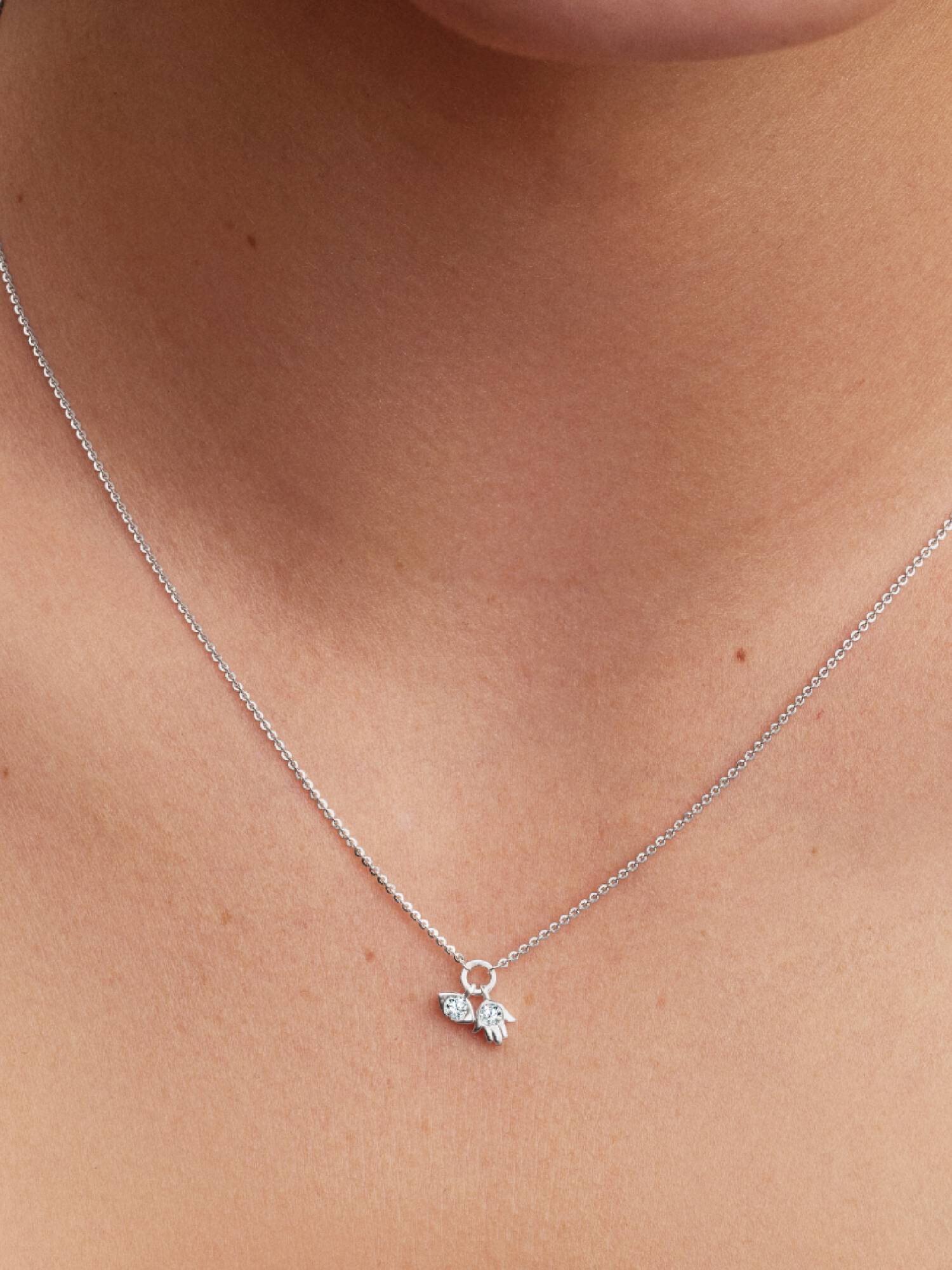 Pandora Talisman Sterling Silver Lab-Grown Diamond Evil Eye & Hamsa Hand Dangle Pendant Necklace 